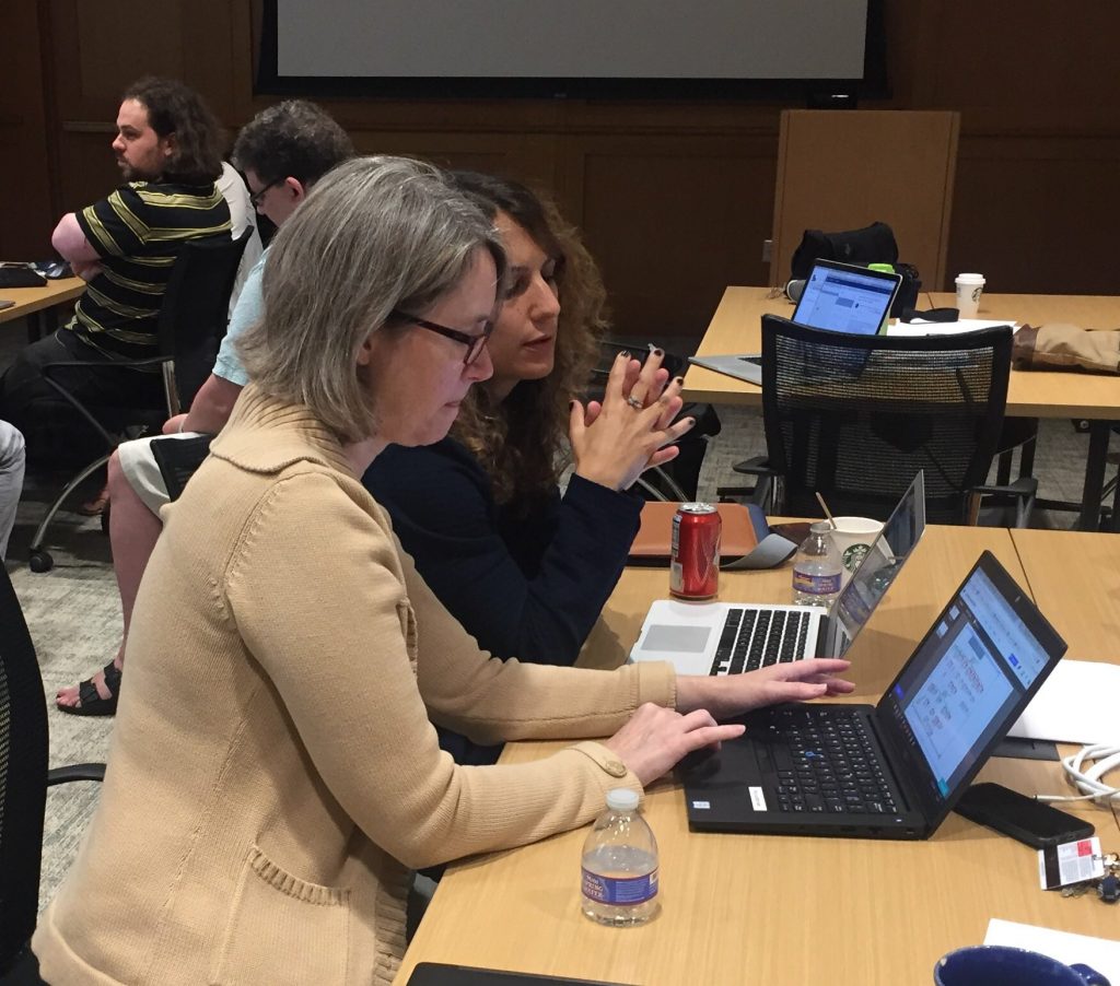 Image of a faculty member and librarian working on their laptops.