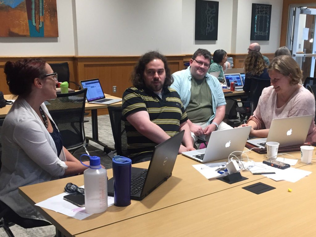 Faculty works with library staff to discuss possibilities for a new assignment using digital tools.