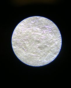 Image is of a microscope view of the photograph. The fibers of the paper can be seen underneath a coating of baryta, which is like a type of liquid clay.